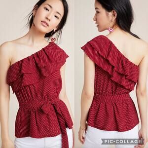 Anthropologie Maeve Red One Shoulder Ruffle Polka Dot Sleeveless Top M